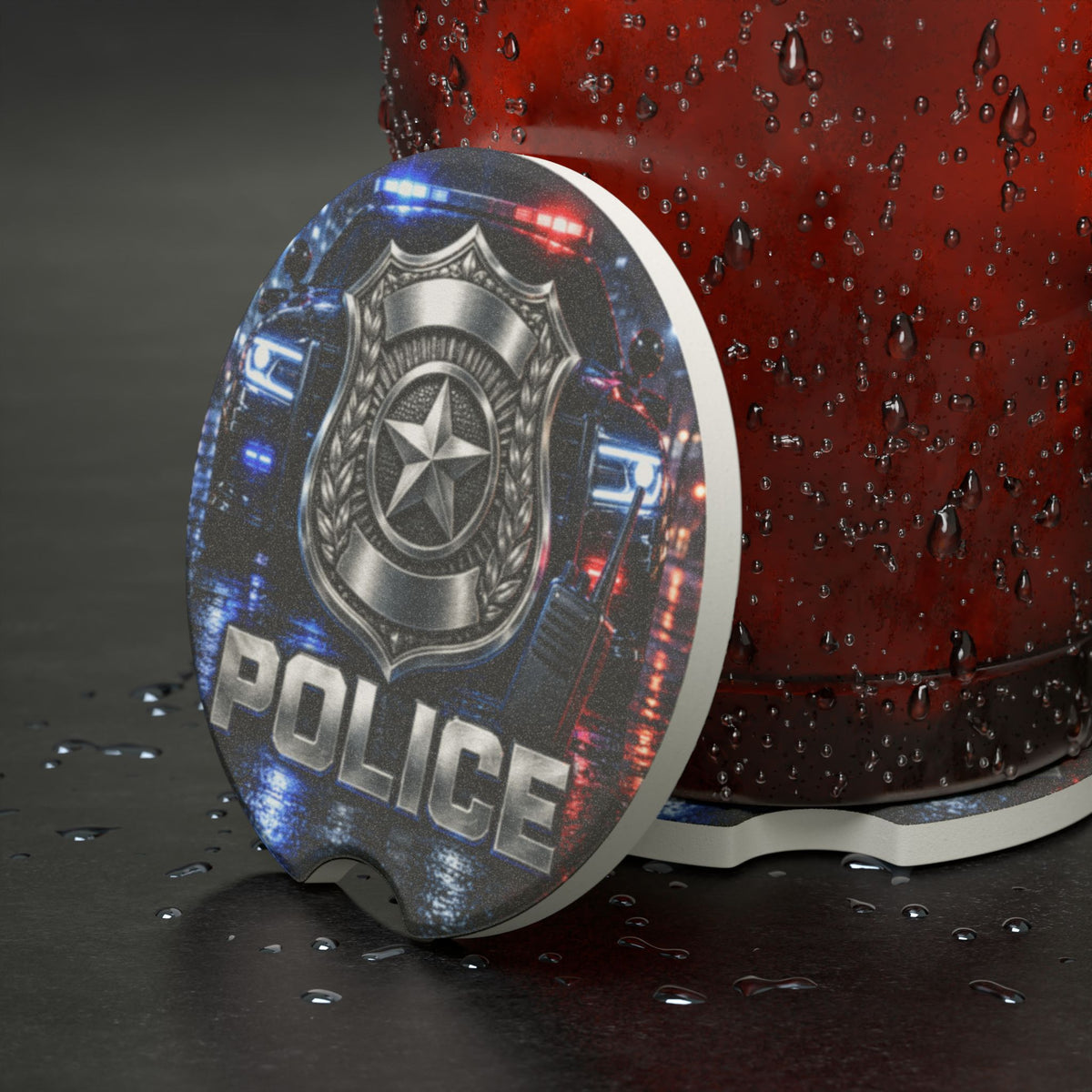 Police Badge Car Coaster — Thin Blue Line Soapstone Drink Holder