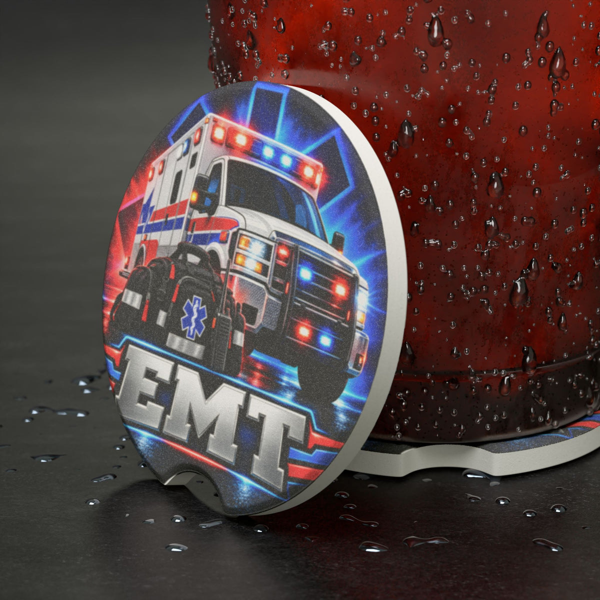 EMT Ambulance Soapstone Car Coaster — Emergency Medical Technician Car Cup Holder Protector