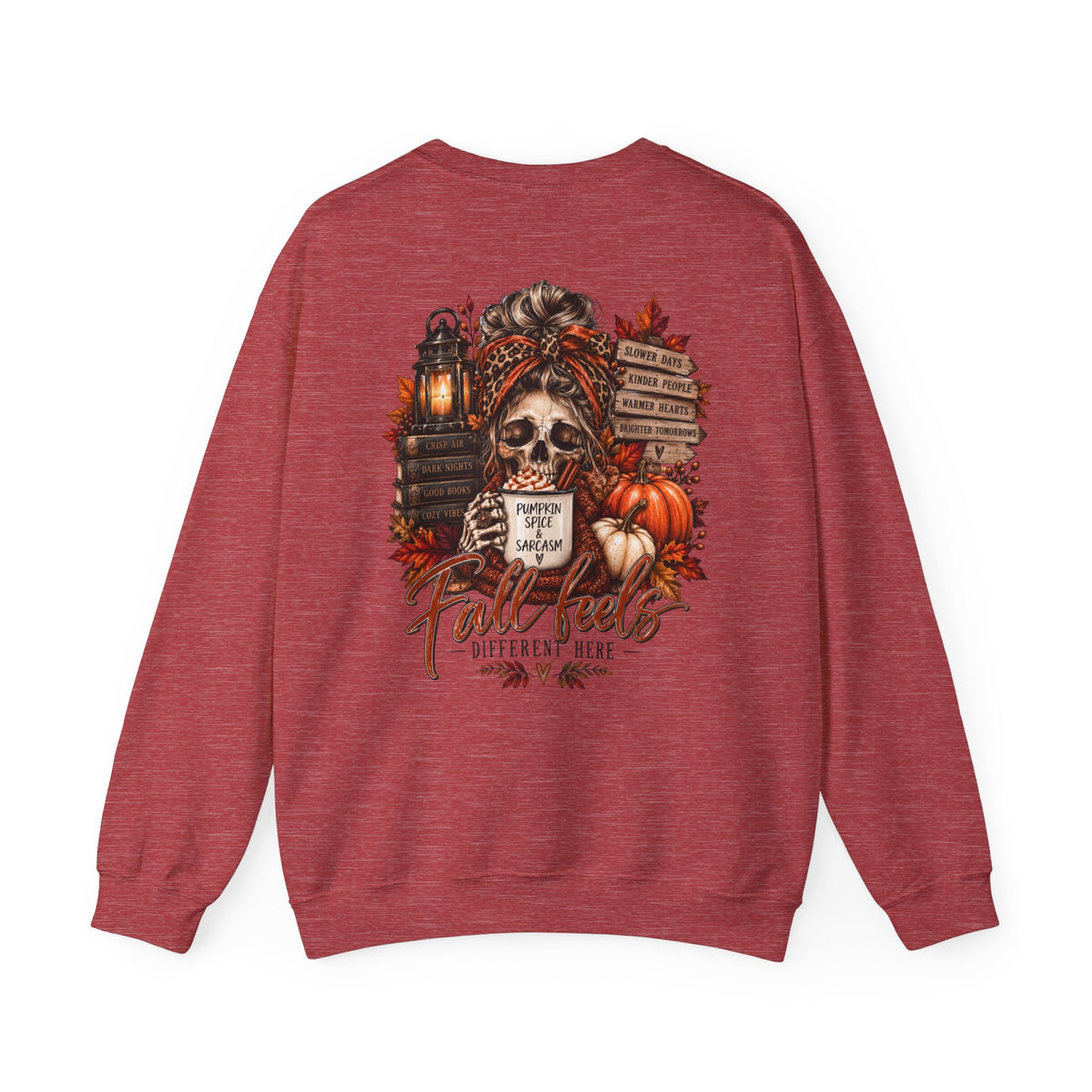 Fall Vibes Skull Coffee Mug Sweatshirt | Autumn Leaves Pumpkins Lantern