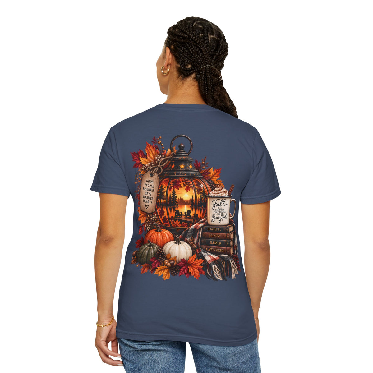 Autumn Lantern Pumpkin Stack T-Shirt | Fall Leaves Cozy Harvest Design