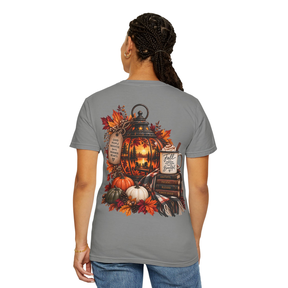 Autumn Lantern Pumpkin Stack T-Shirt | Fall Leaves Cozy Harvest Design