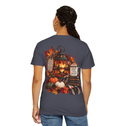 Autumn Lantern Pumpkin Stack T-Shirt | Fall Leaves Cozy Harvest Design