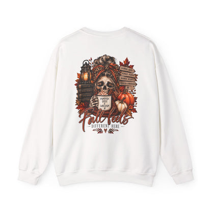 Fall Vibes Skull Coffee Mug Sweatshirt | Autumn Leaves Pumpkins Lantern