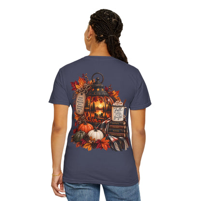 Autumn Lantern Pumpkin Stack T-Shirt | Fall Leaves Cozy Harvest Design