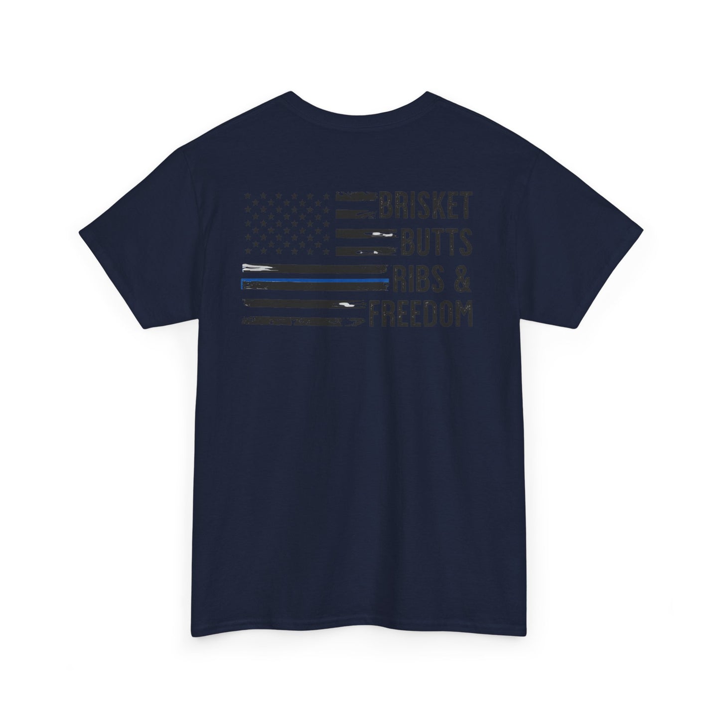 Thin Blue Line Patriotic BBQ Shirt Brisket Butts Ribs Smoker Tee | American Flag Grill