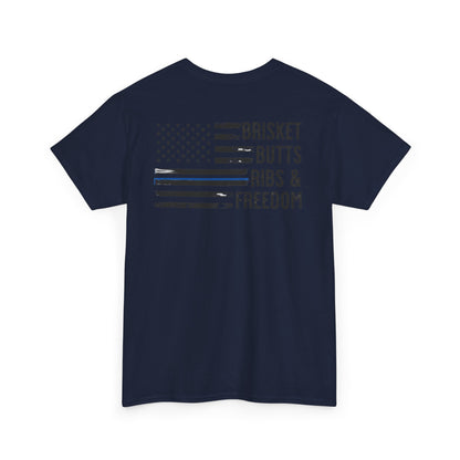 Thin Blue Line Patriotic BBQ Shirt Brisket Butts Ribs Smoker Tee | American Flag Grill