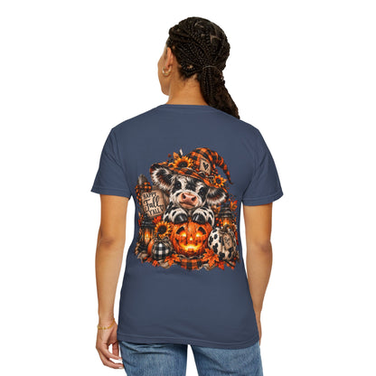 Cow Pumpkin Halloween Sweatshirt | Cow with Jack-O'-Lantern and Sunflowers