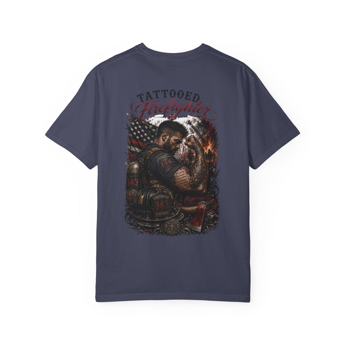 Firefighter Tribute T-Shirt — "343 Never Forget" Fire Rescue Back Design