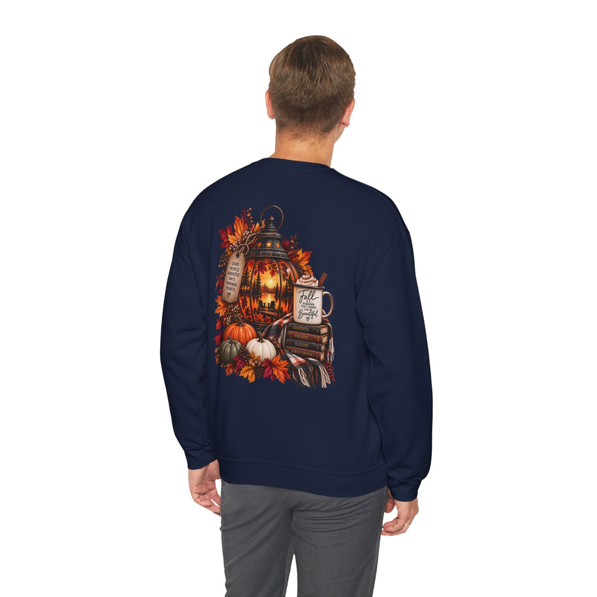 Autumn Lantern Pumpkin Stack Sweatshirt | Cozy Fall Leaves Scene