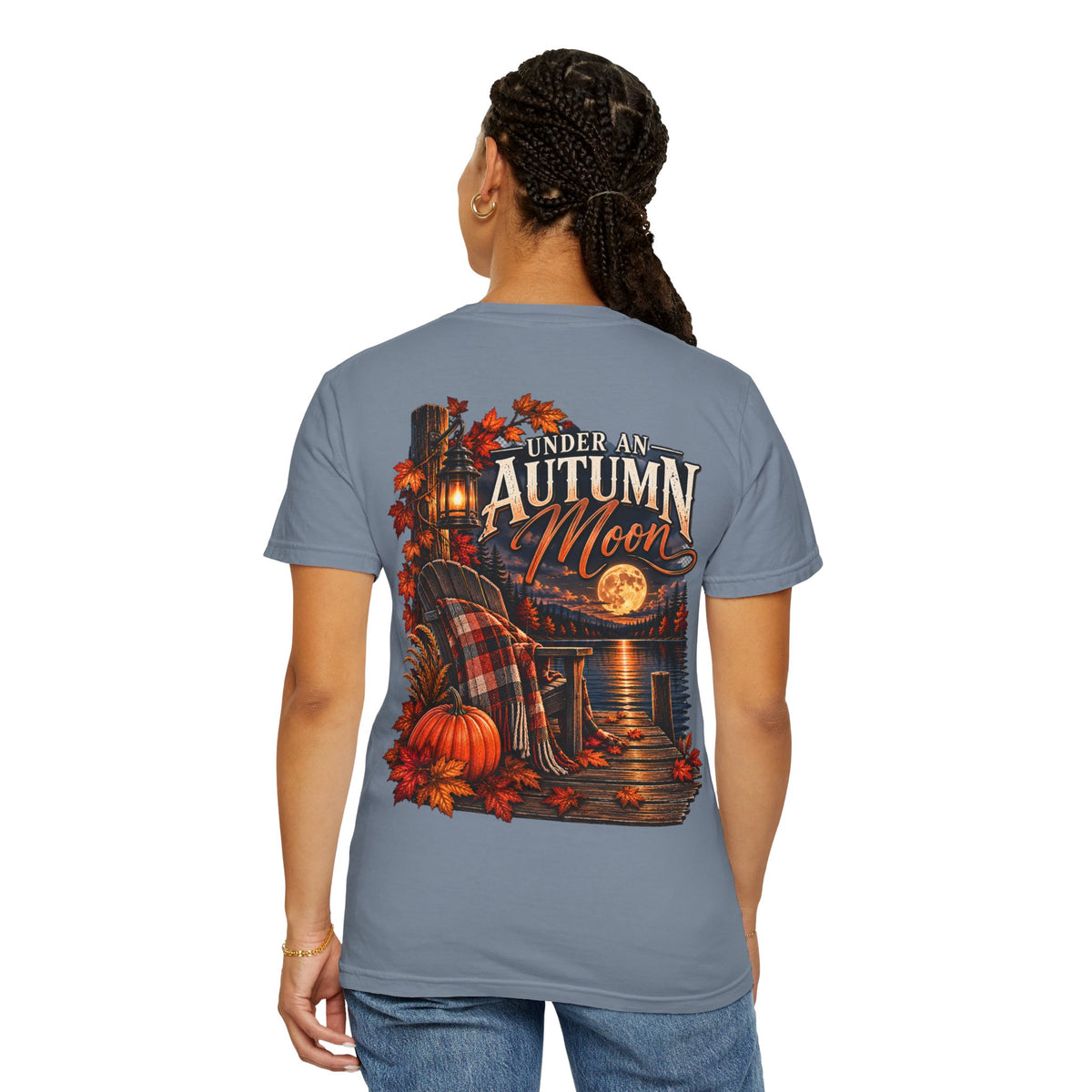 Under an Autumn Moon T-Shirt | Fall Lake Scene, Pumpkins & Plaid