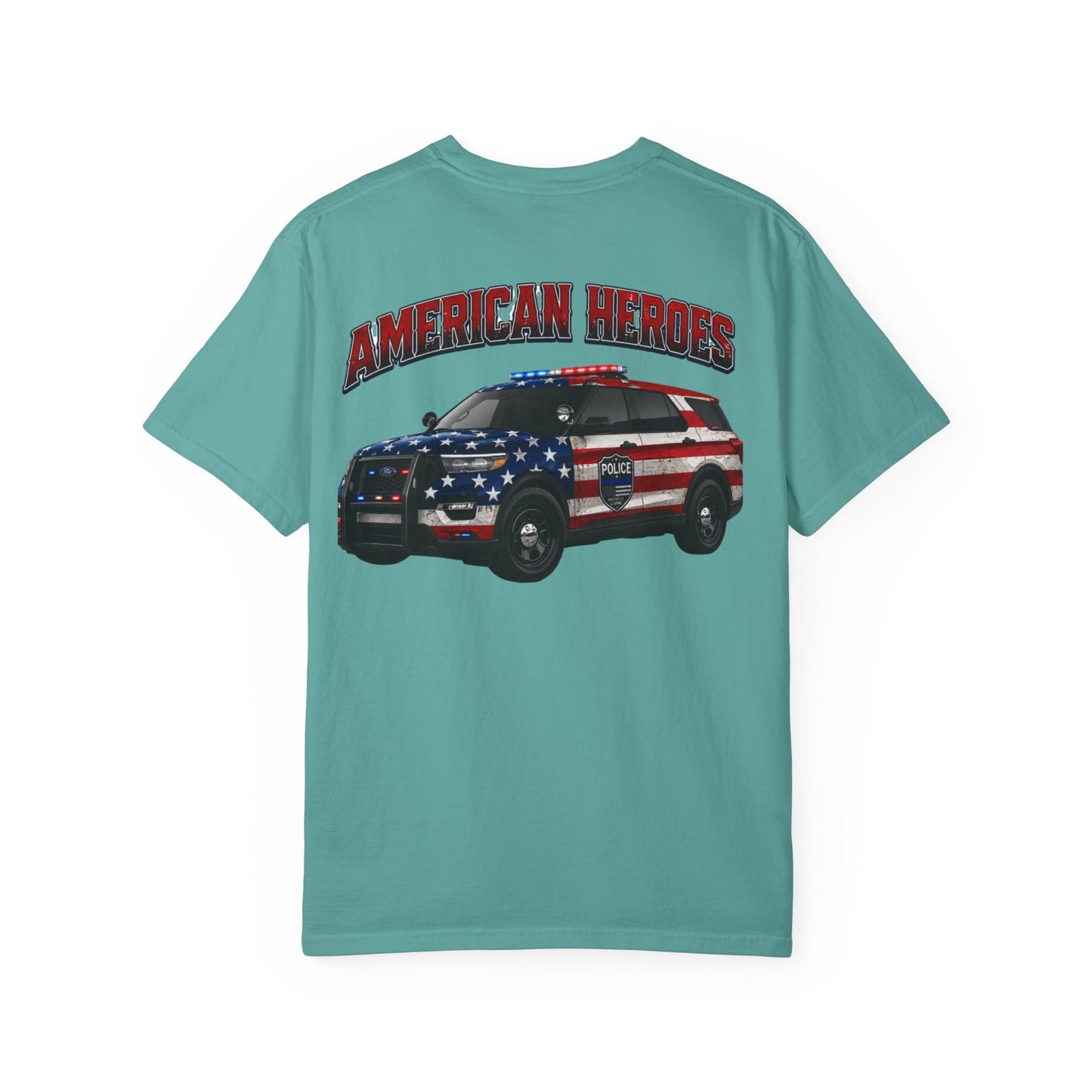 American Heroes Police SUV Tee — "AMERICAN HEROES" Patriotic Flag Graphic T-Shirt