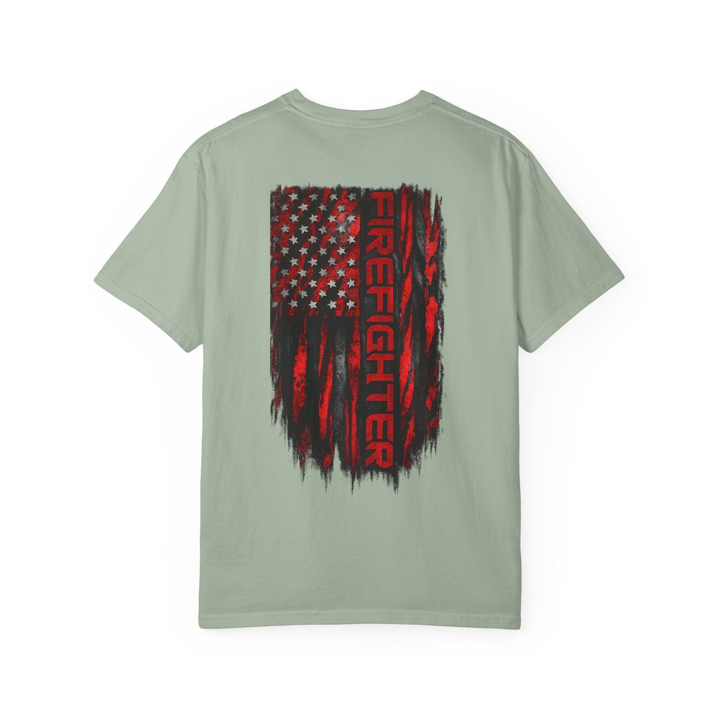Firefighter Red & Black Thin Line Tee — Distressed American Flag Back Design