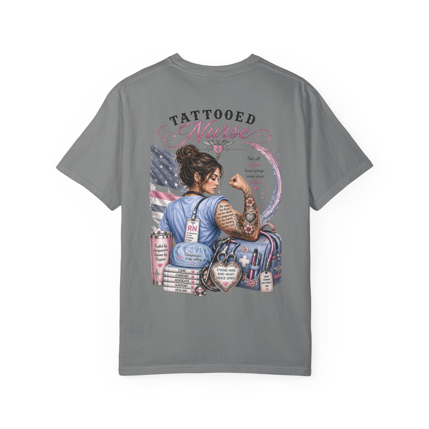 Tattooed Nurse T-Shirt — "She Wears Her Heart on Her Sleeve" RN Back Design
