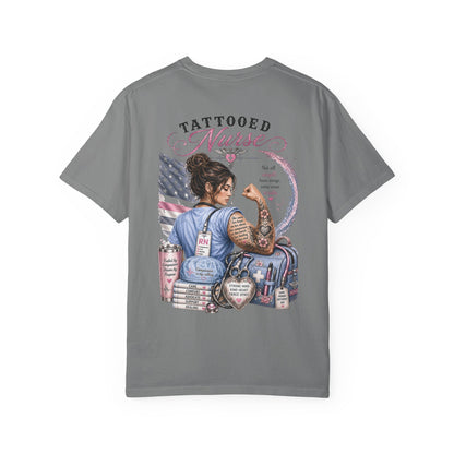 Tattooed Nurse T-Shirt — "She Wears Her Heart on Her Sleeve" RN Back Design