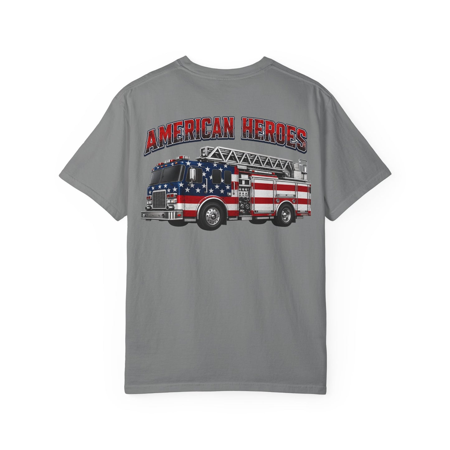 Firefighter T-Shirt — "American Heroes" Flag Fire Truck Graphic