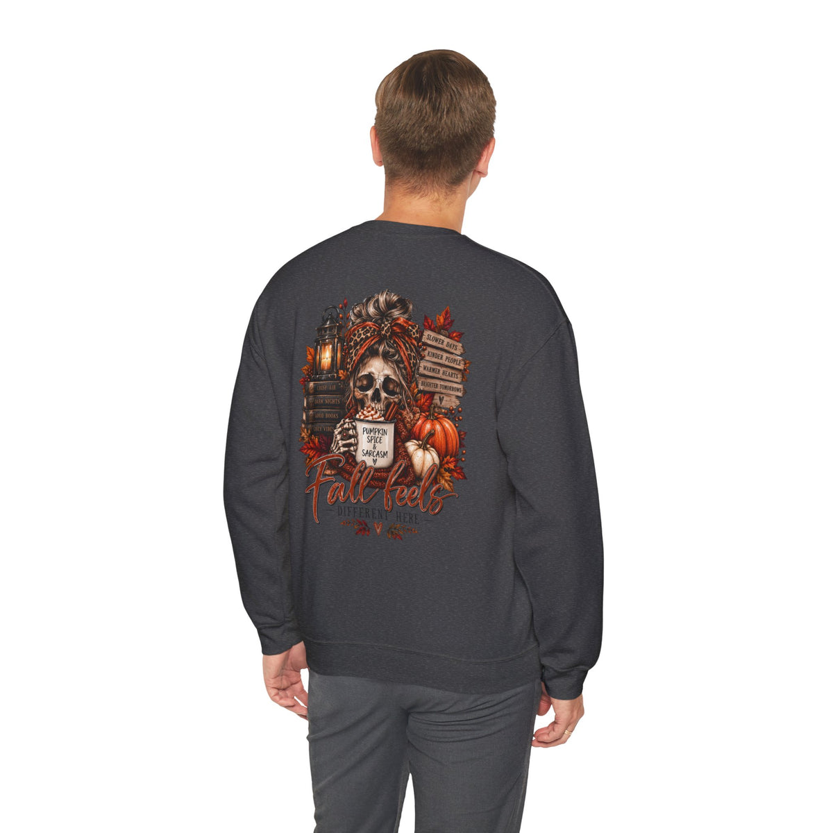 Fall Vibes Skull Coffee Mug Sweatshirt | Autumn Leaves Pumpkins Lantern