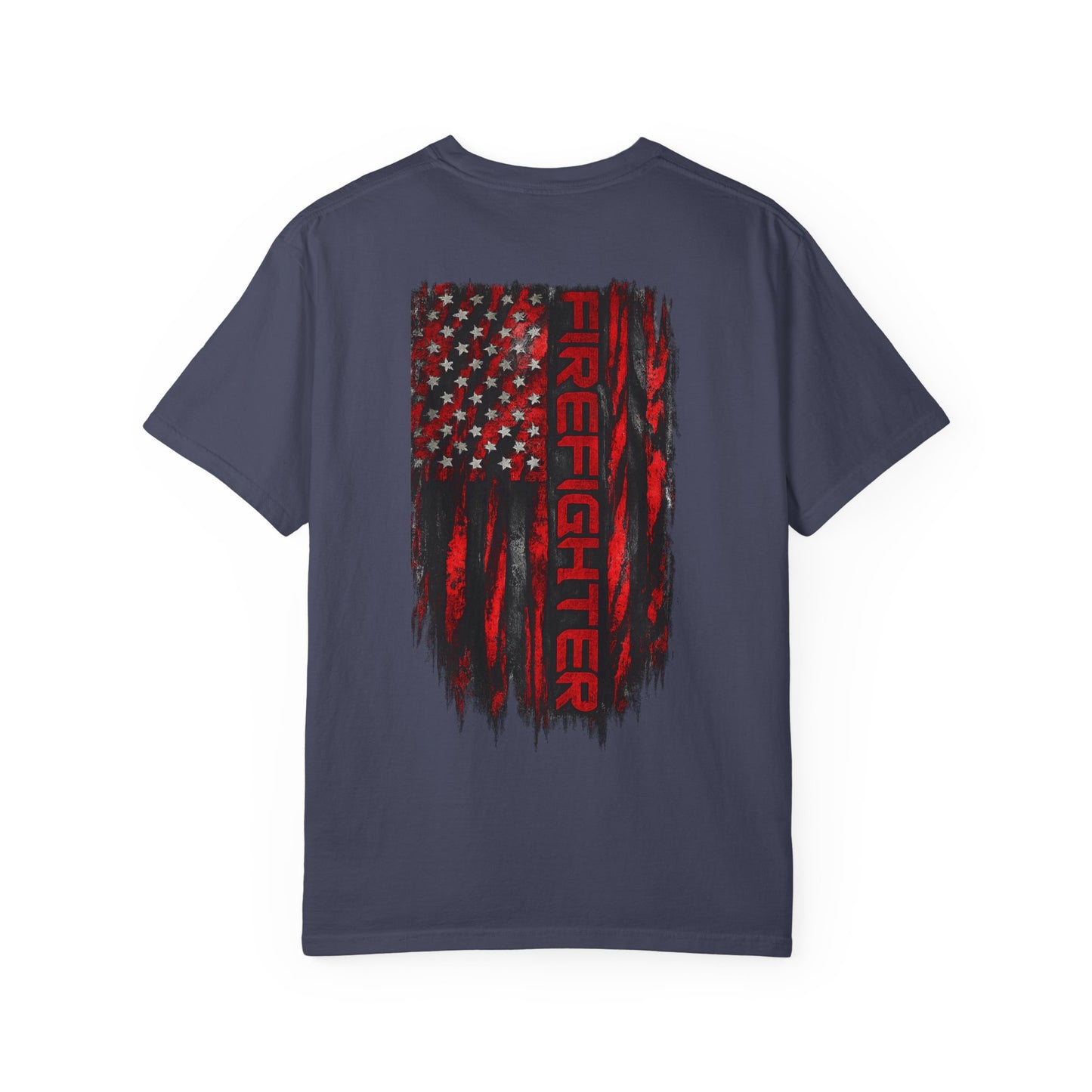 Firefighter Red & Black Thin Line Tee — Distressed American Flag Back Design