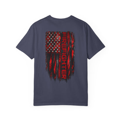 Firefighter Red & Black Thin Line Tee — Distressed American Flag Back Design