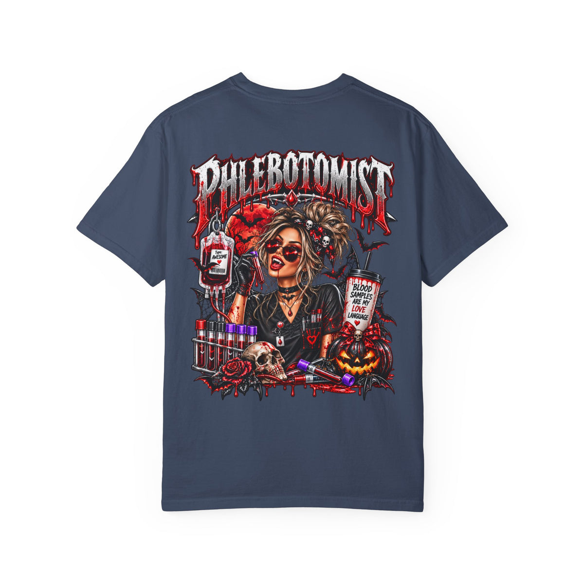 Phlebotomist Horror Blood Drip graphic T-shirt | Medical Tech Tee
