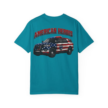 American Heroes Police SUV Tee — "AMERICAN HEROES" Patriotic Flag Graphic T-Shirt