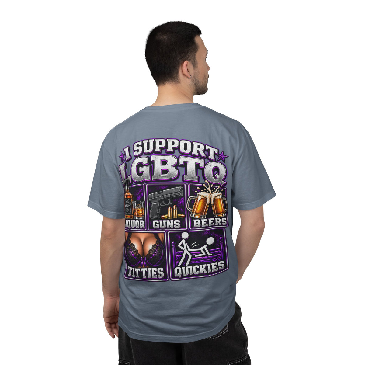 Support LGBTQ Liquor Guns Beers T-Shirt — Graphic Back Print