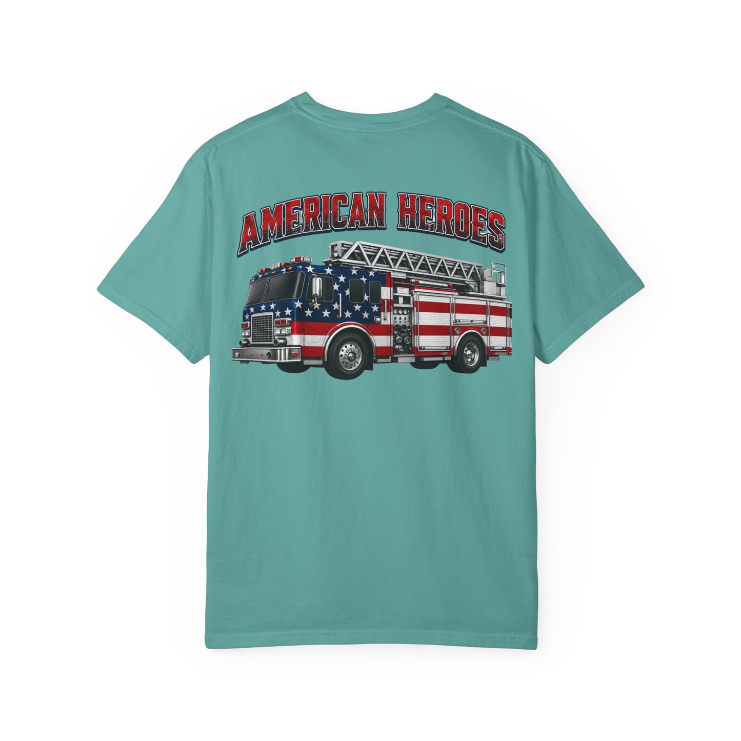 Firefighter T-Shirt — "American Heroes" Flag Fire Truck Graphic