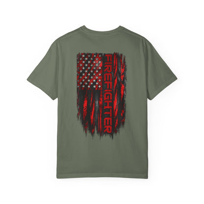 Firefighter Red & Black Thin Line Tee — Distressed American Flag Back Design
