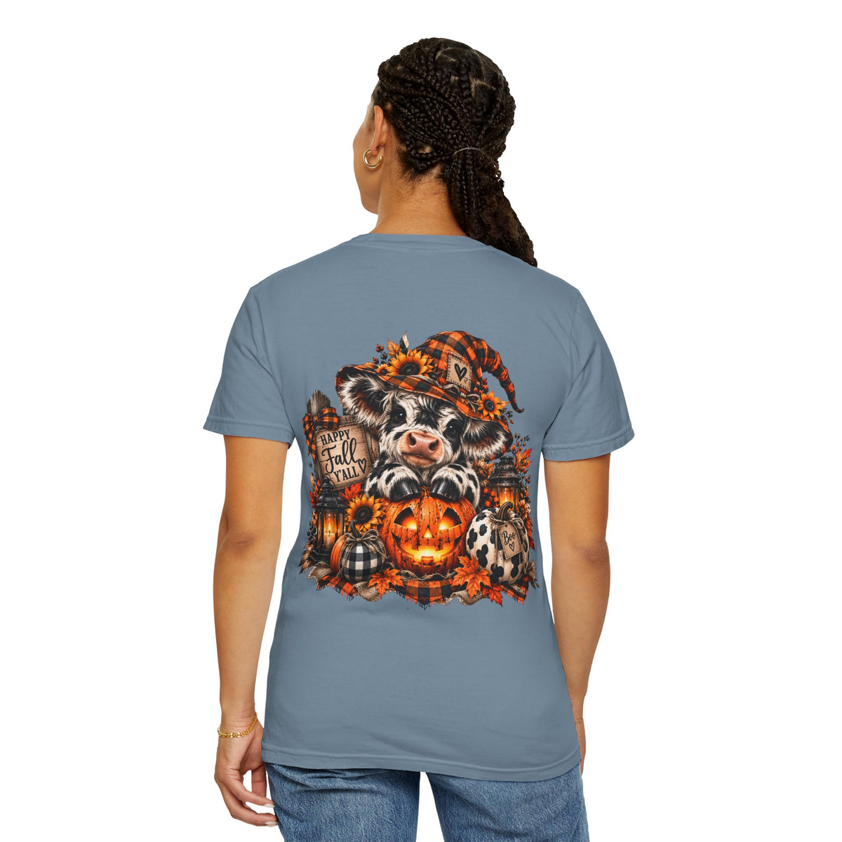 Cow Pumpkin Halloween Sweatshirt | Cow with Jack-O'-Lantern and Sunflowers
