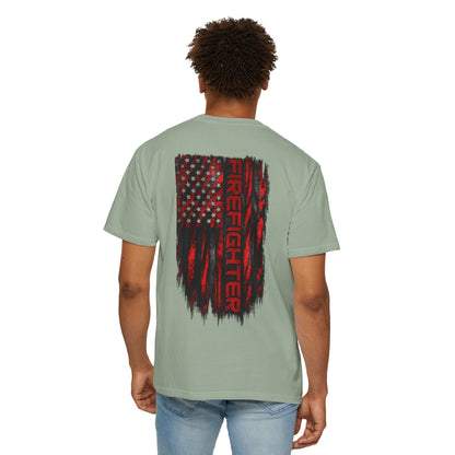Firefighter Red & Black Thin Line Tee — Distressed American Flag Back Design