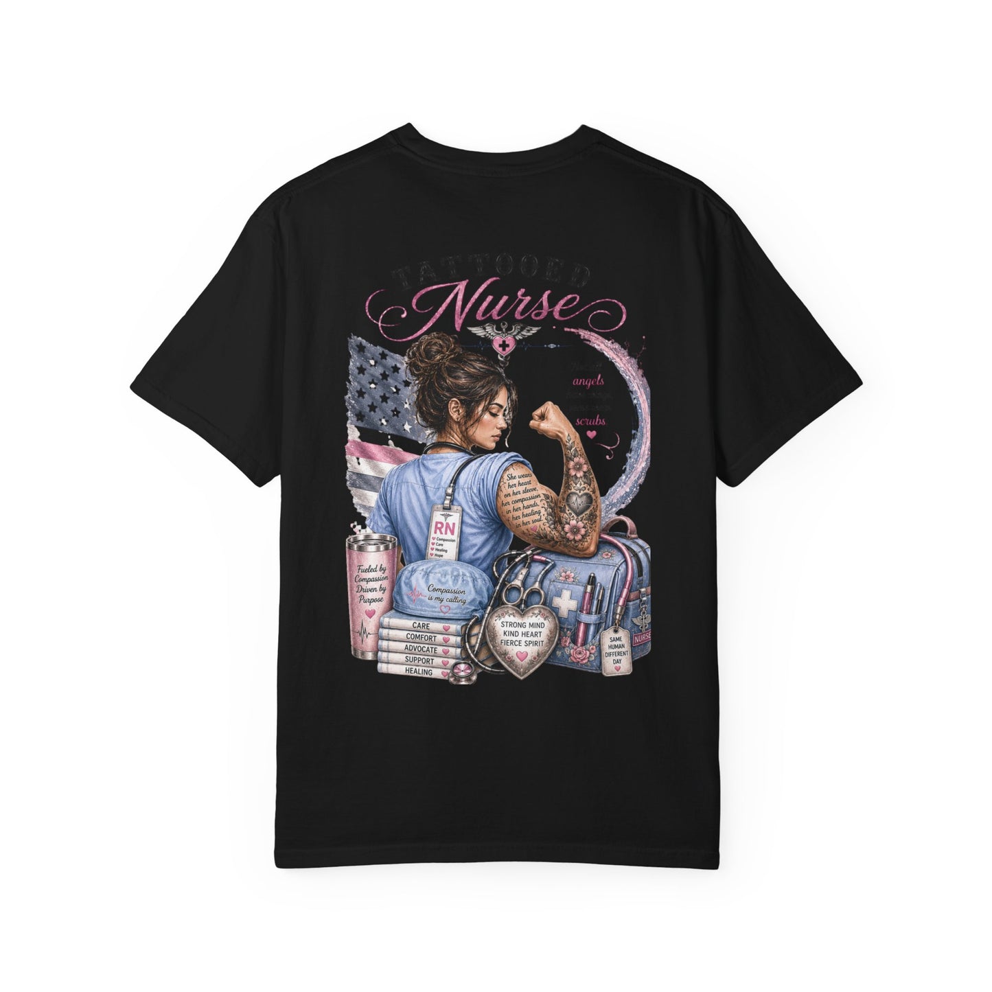 Tattooed Nurse T-Shirt — "She Wears Her Heart on Her Sleeve" RN Back Design