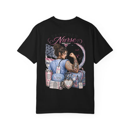 Tattooed Nurse T-Shirt — "She Wears Her Heart on Her Sleeve" RN Back Design