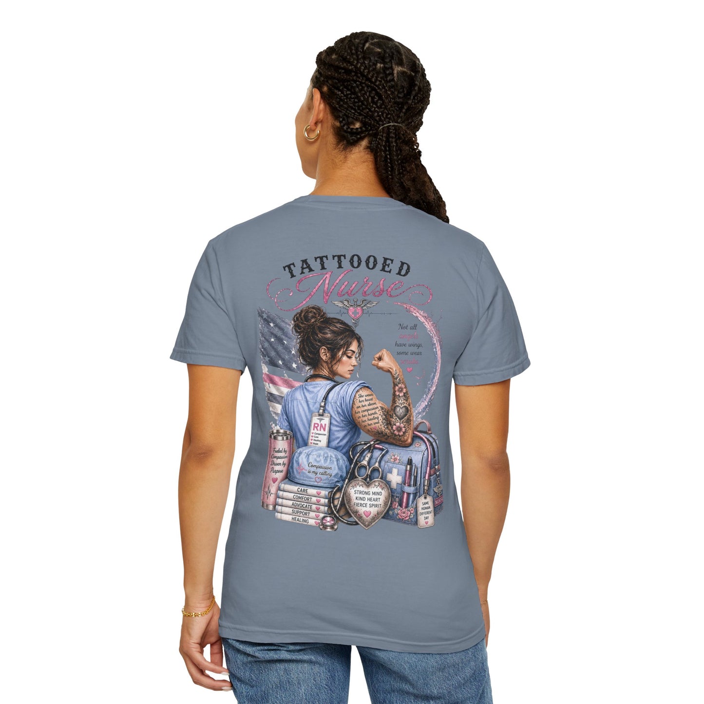Tattooed Nurse T-Shirt — "She Wears Her Heart on Her Sleeve" RN Back Design