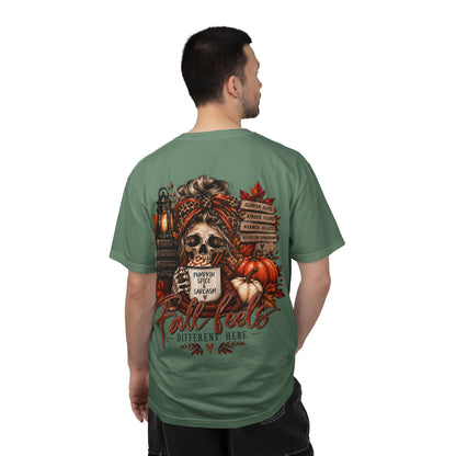 Fall Feels Different Here Pumpkin Spice Sarcasm Skeleton Fall T-Shirt & Sweatshirt Dark Autumn Graphic