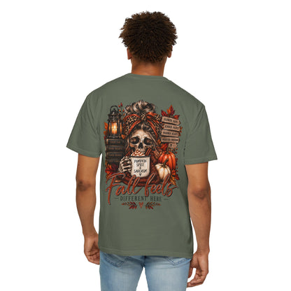Fall Feels Different Here Pumpkin Spice Sarcasm Skeleton Fall T-Shirt & Sweatshirt Dark Autumn Graphic
