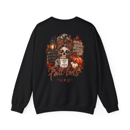 Fall Vibes Skull Coffee Mug Sweatshirt | Autumn Leaves Pumpkins Lantern