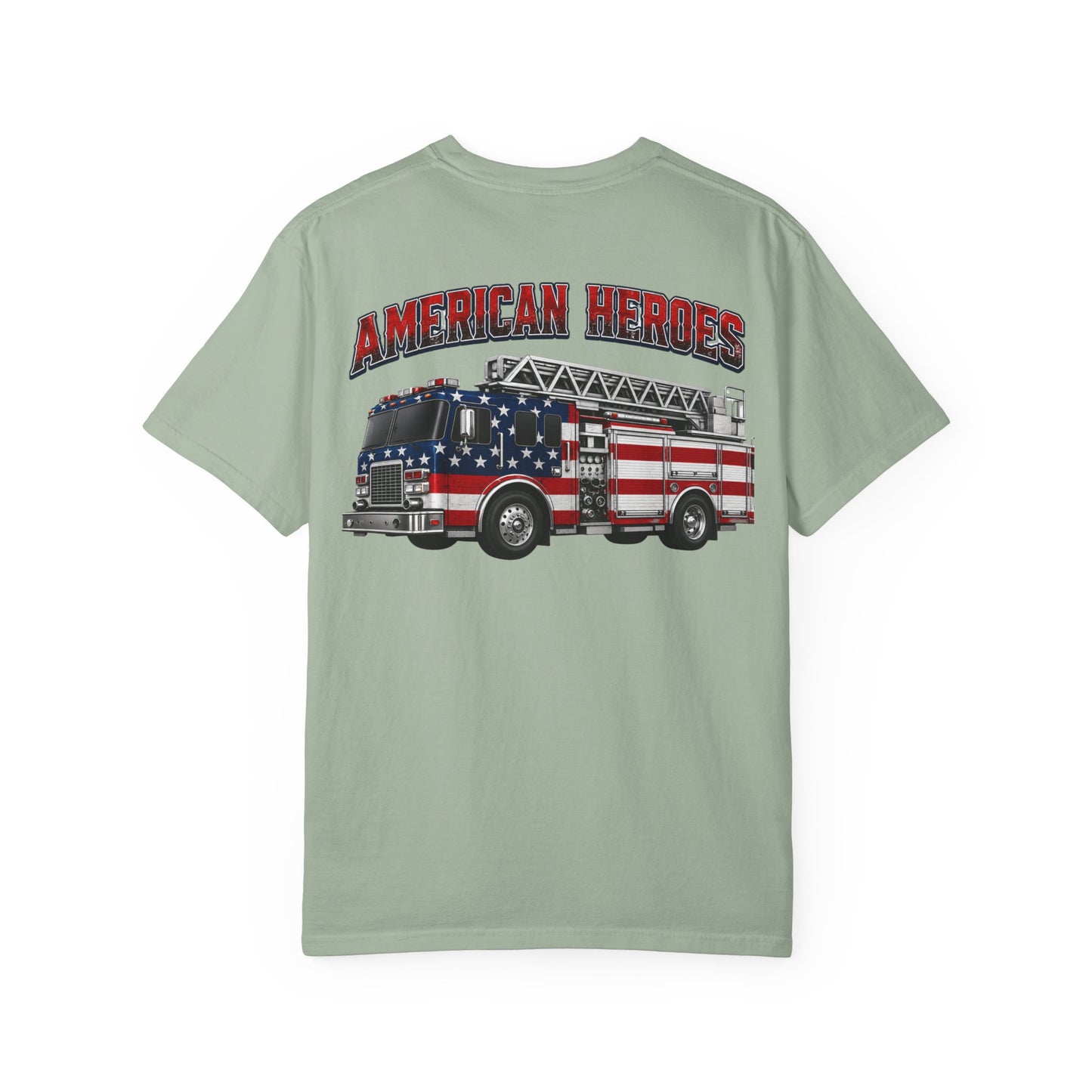 Firefighter T-Shirt — "American Heroes" Flag Fire Truck Graphic