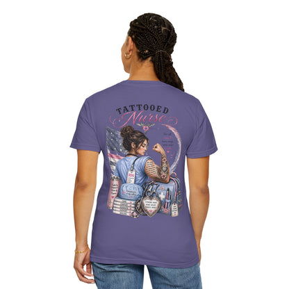 Tattooed Nurse T-Shirt — "She Wears Her Heart on Her Sleeve" RN Back Design