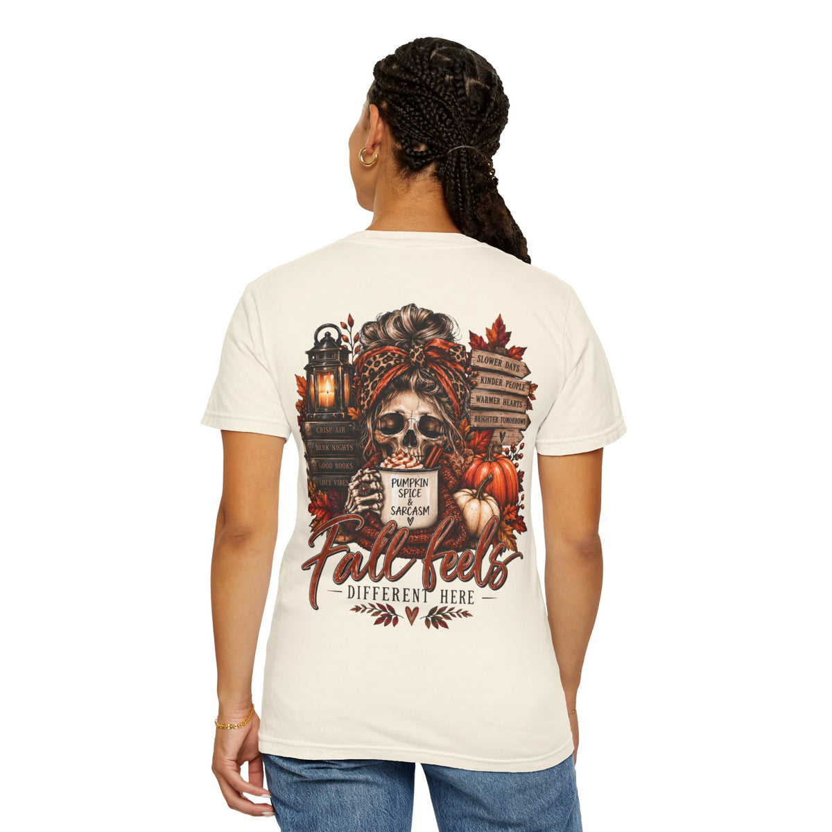 Fall Feels Different Here Pumpkin Spice Sarcasm Skeleton Fall T-Shirt & Sweatshirt Dark Autumn Graphic