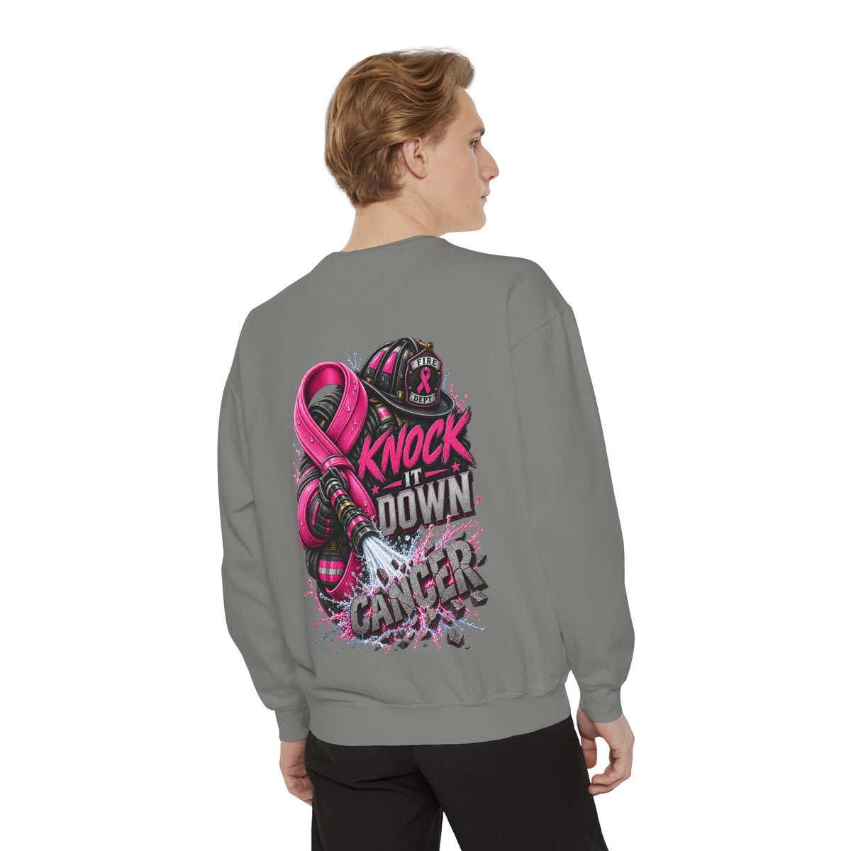 Breast Cancer Awareness Sweatshirt  Firefighter edition— "Knock It Down Cancer" Crewneck