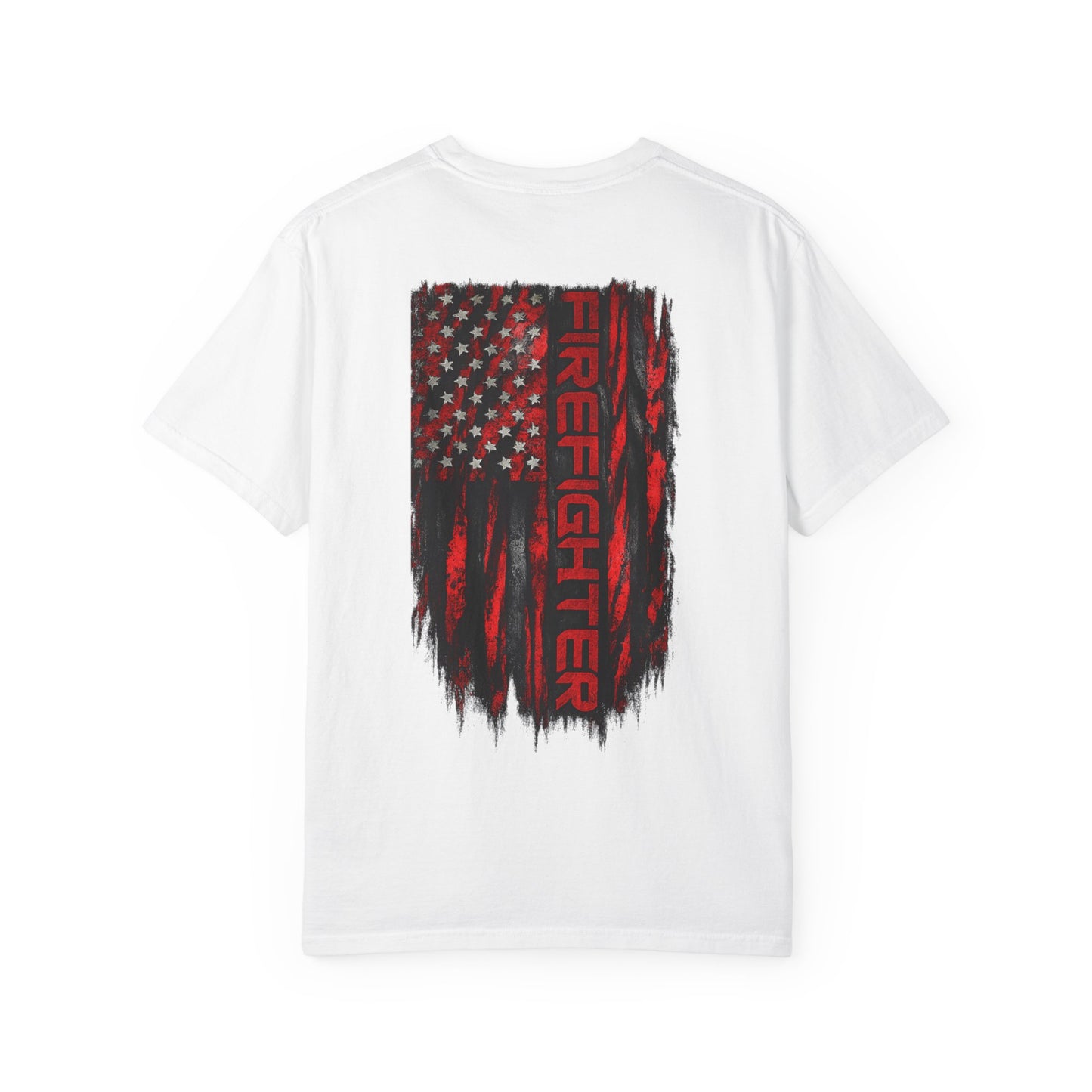 Firefighter Red & Black Thin Line Tee — Distressed American Flag Back Design