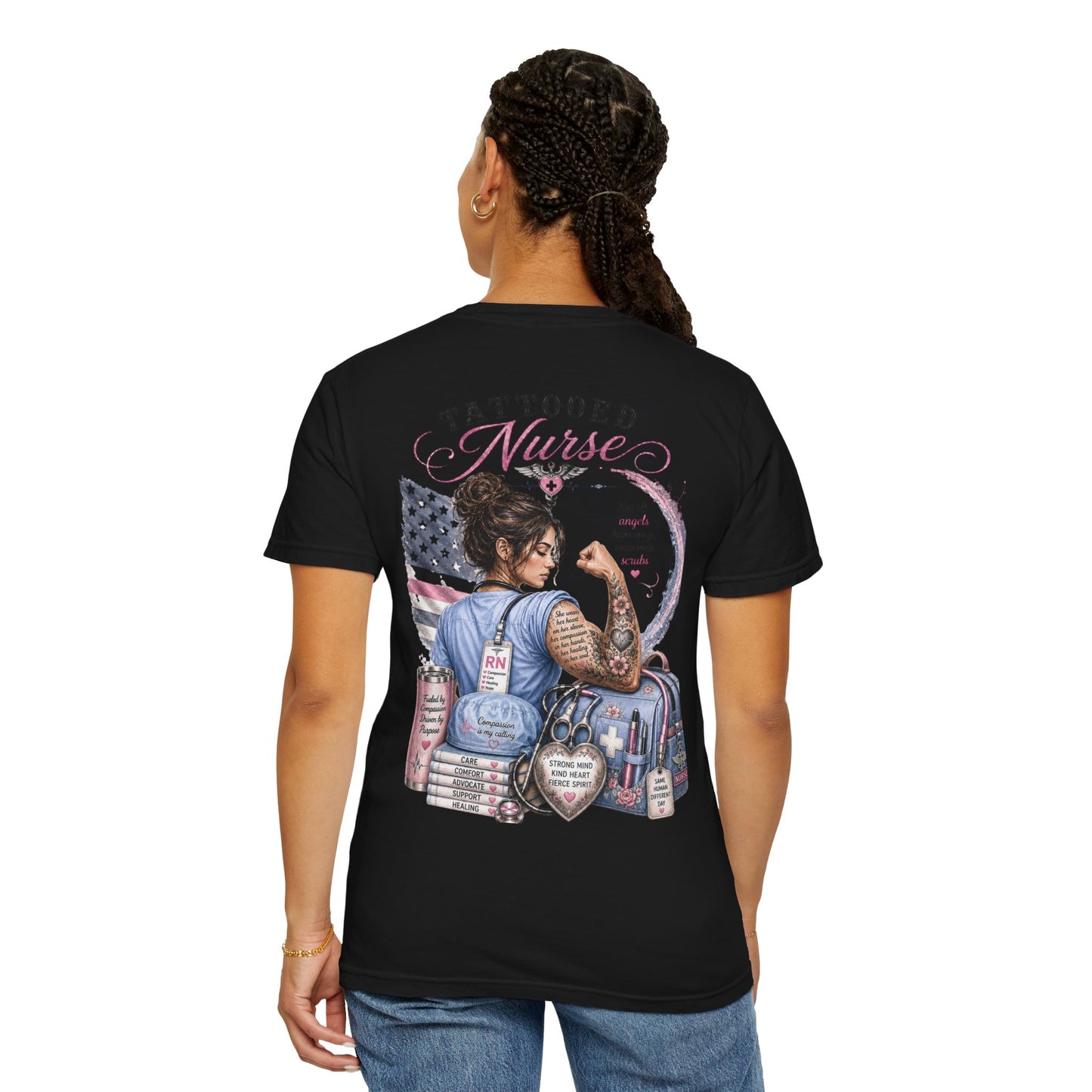 Tattooed Nurse T-Shirt — "She Wears Her Heart on Her Sleeve" RN Back Design