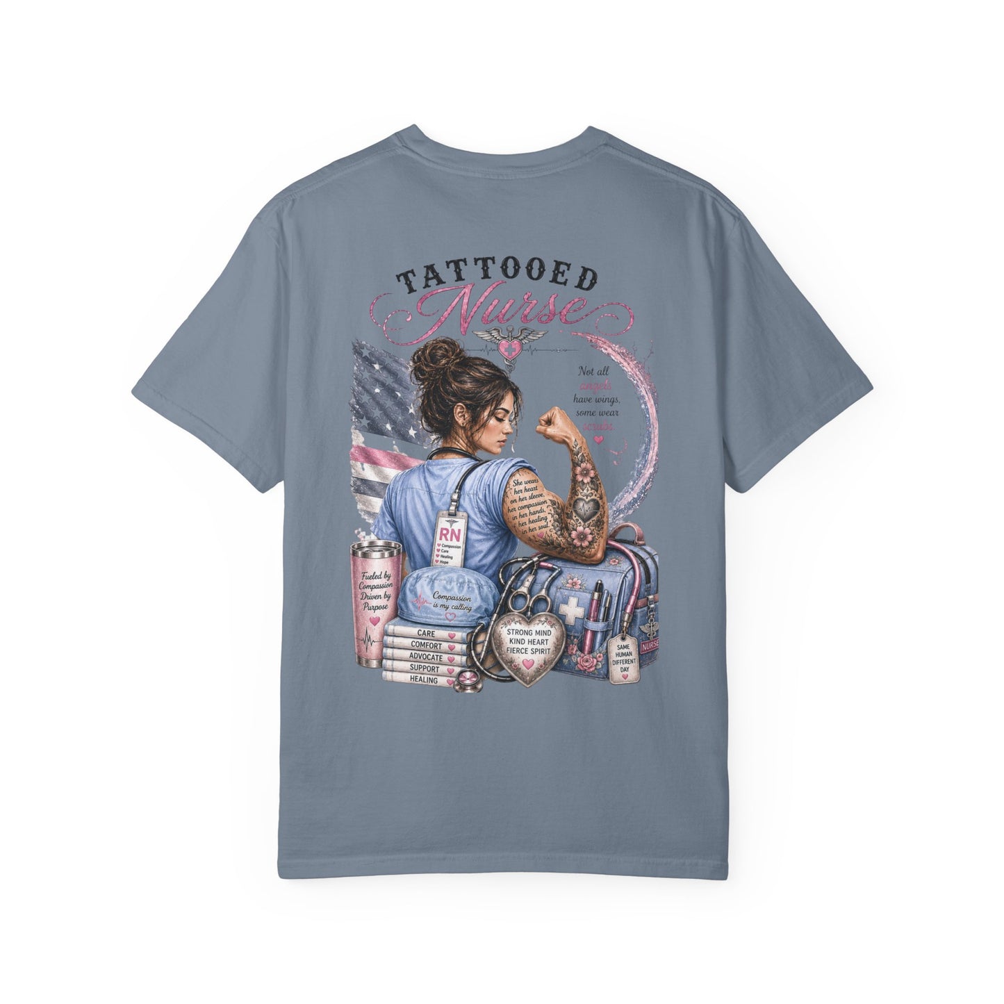 Tattooed Nurse T-Shirt — "She Wears Her Heart on Her Sleeve" RN Back Design