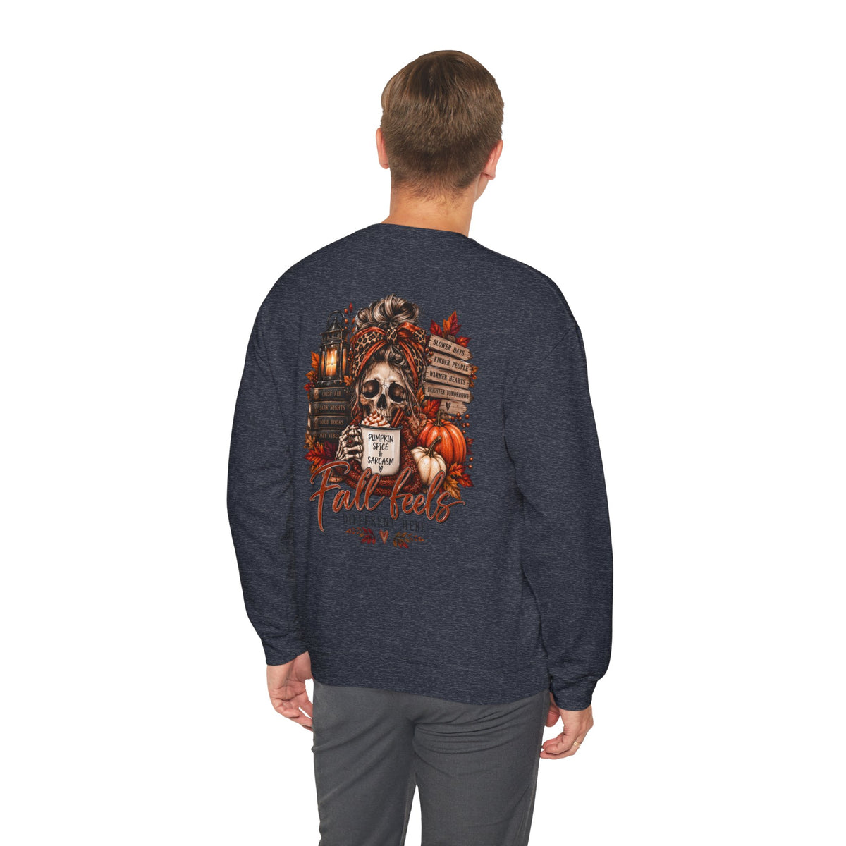 Fall Vibes Skull Coffee Mug Sweatshirt | Autumn Leaves Pumpkins Lantern