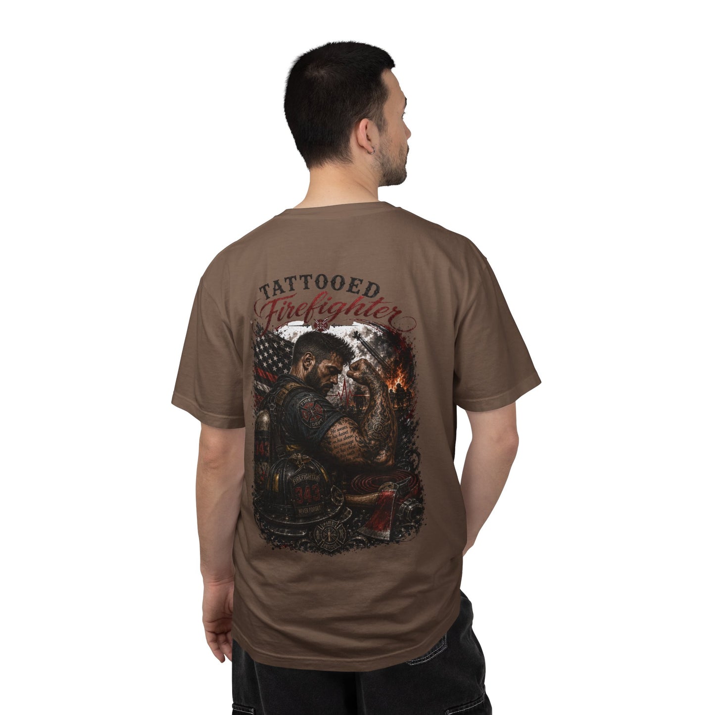 Firefighter Tribute T-Shirt — "343 Never Forget" Fire Rescue Back Design