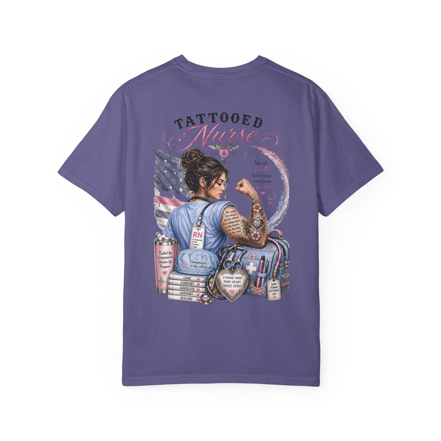 Tattooed Nurse T-Shirt — "She Wears Her Heart on Her Sleeve" RN Back Design
