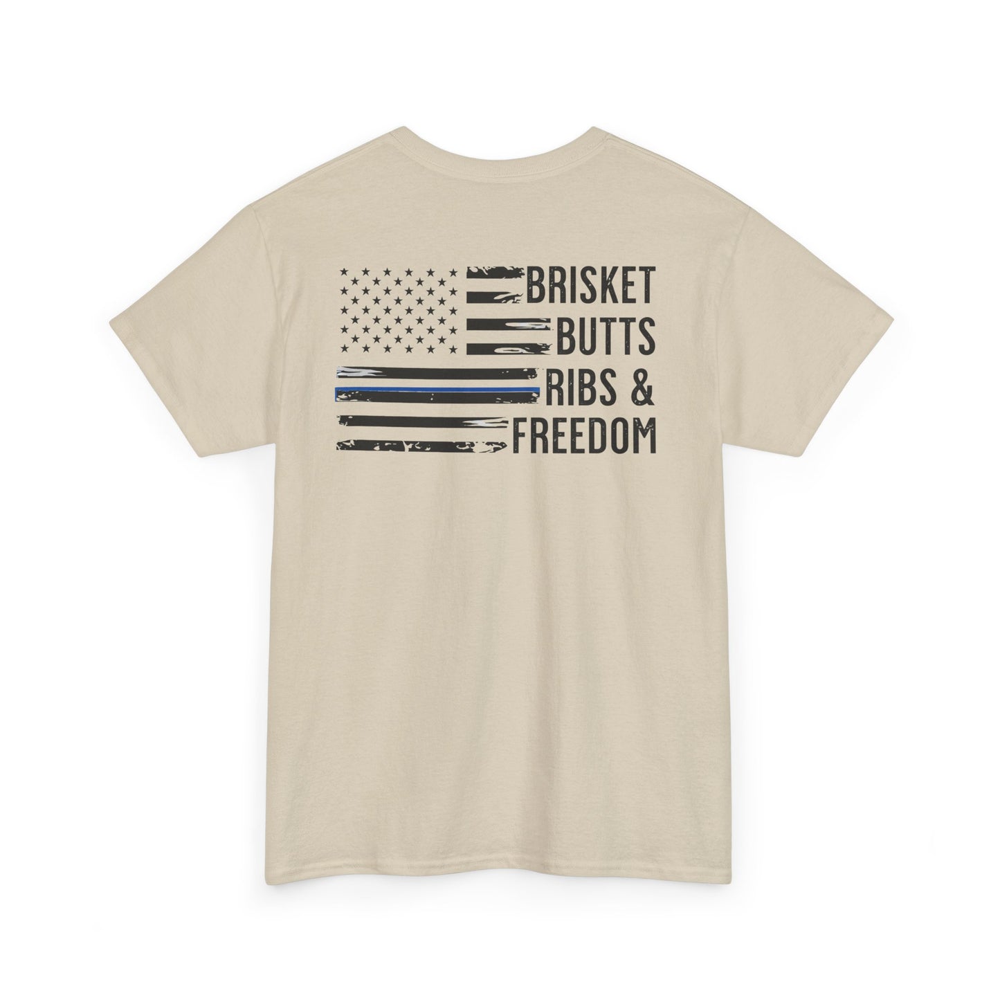 Thin Blue Line Patriotic BBQ Shirt Brisket Butts Ribs Smoker Tee | American Flag Grill