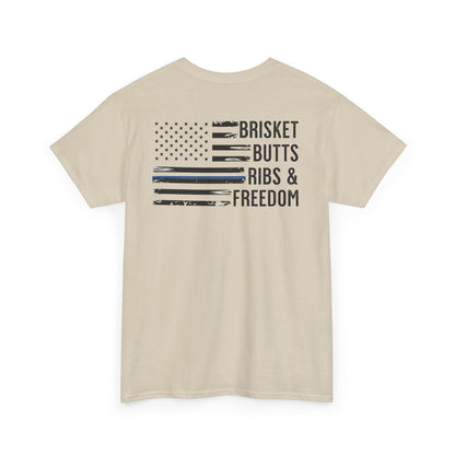 Thin Blue Line Patriotic BBQ Shirt Brisket Butts Ribs Smoker Tee | American Flag Grill