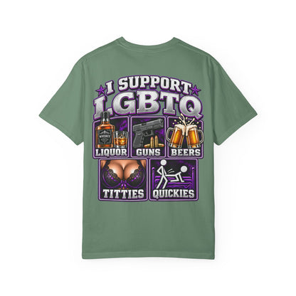 Support LGBTQ Liquor Guns Beers T-Shirt — Graphic Back Print
