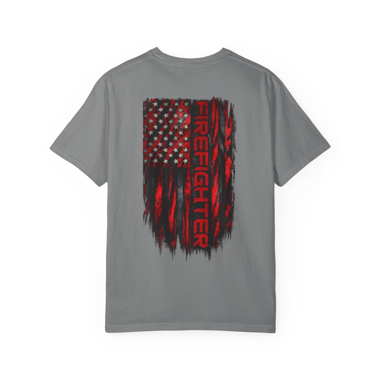 Firefighter Red & Black Thin Line Tee — Distressed American Flag Back Design