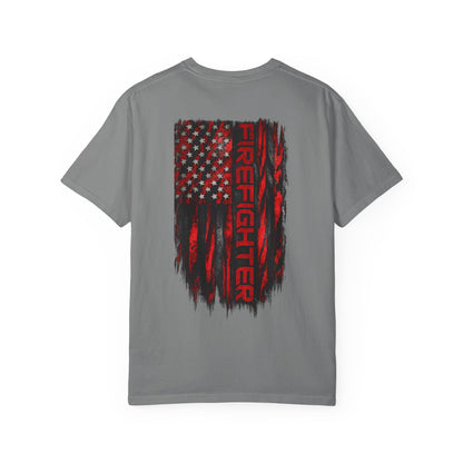 Firefighter Red & Black Thin Line Tee — Distressed American Flag Back Design